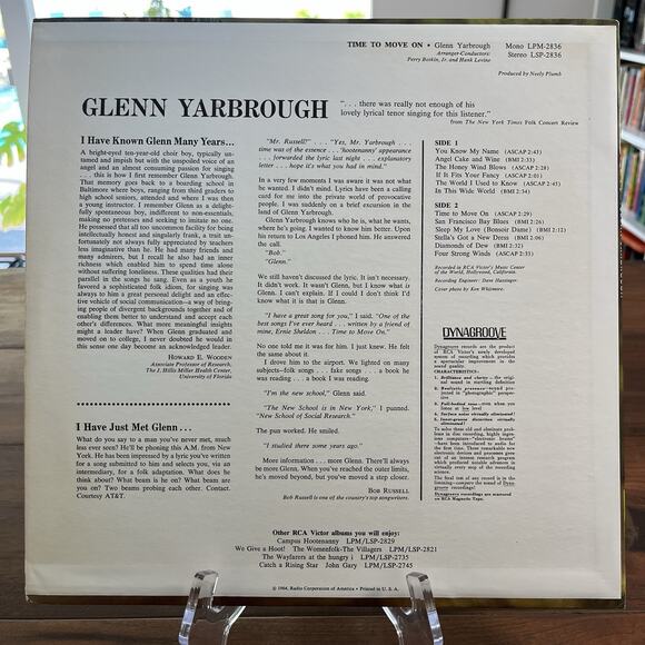 Glenn Yarbrough Time To Move On Vinyl LP 1964 RCA Victor LPM 2836 Mono - Picture 10 of 10